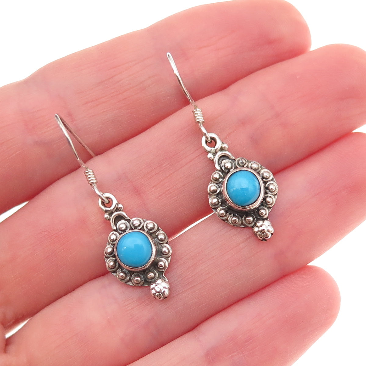 925 Sterling Silver Vintage Real Turquoise Beaded Oxidized Dangle Earrings