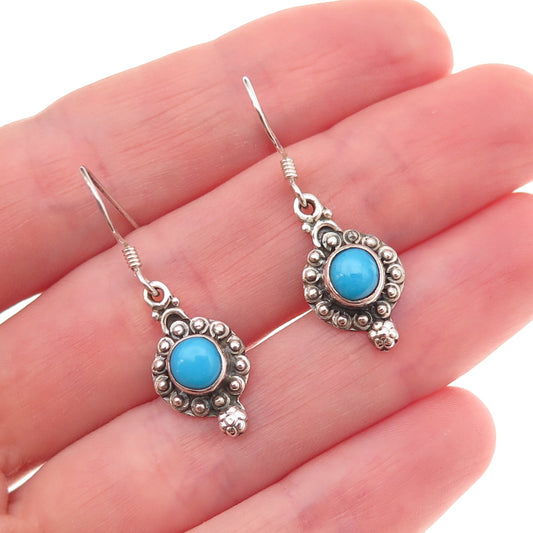 925 Sterling Silver Vintage Real Turquoise Beaded Oxidized Dangle Earrings