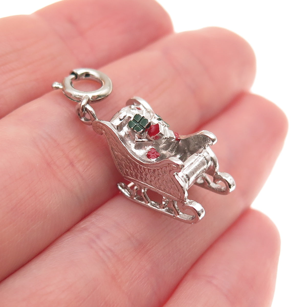 Danecraft 925 Sterling Antique Enamel Christmas Sleigh Spring Ring Mini Pendant