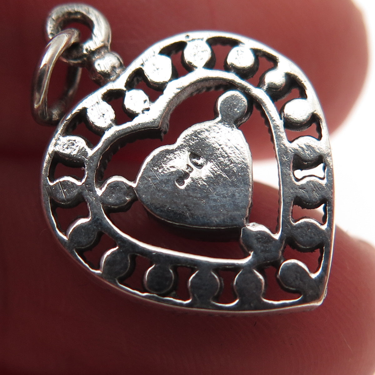 925 Sterling Silver Vintage Real MOP Heart Oxidized Beaded Mini Charm Pendant