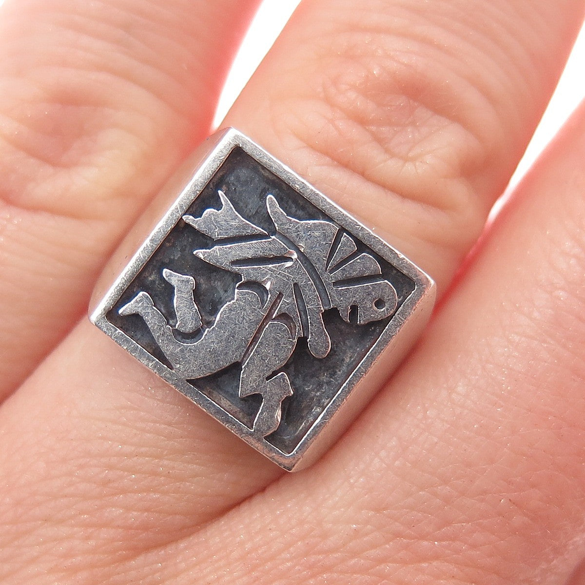 925 Sterling Silver Vintage Mexico Mayan Symbol Oxidized Signet Ring Size 7.25
