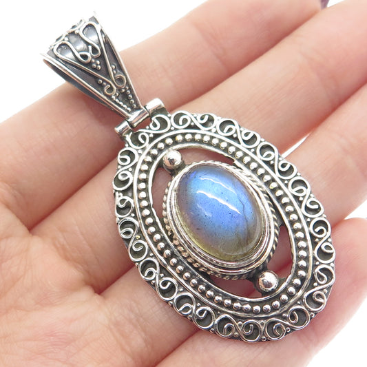 925 Sterling Silver Vintage Real Labradorite Gemstone Boho Ornate Pendant