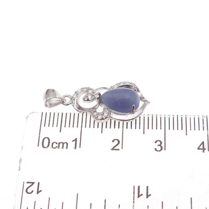 925 Sterling Silver Real Cat's Eye & C Z Charm Pendant