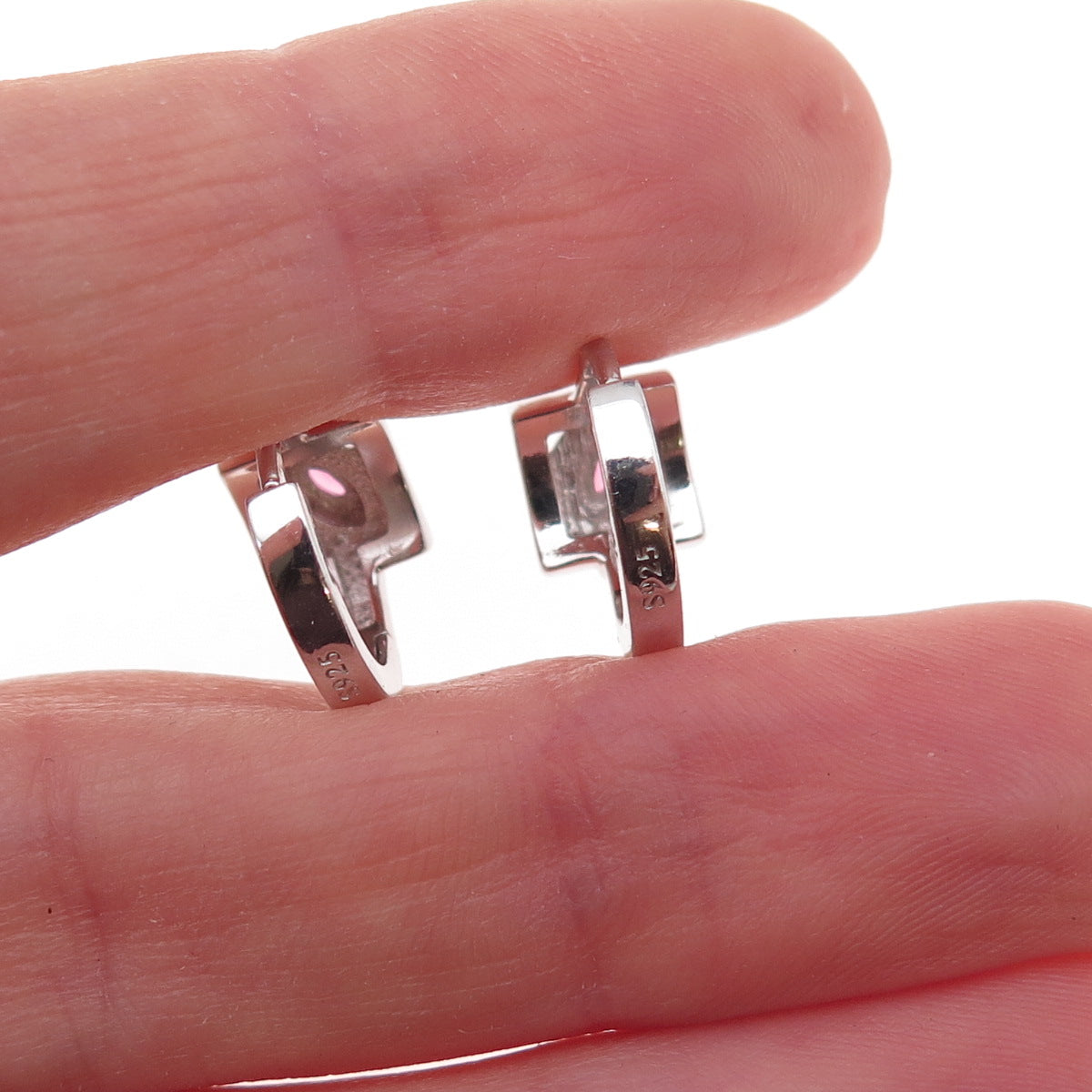 925 Sterling Silver Pink & White C Z Hoop Earrings