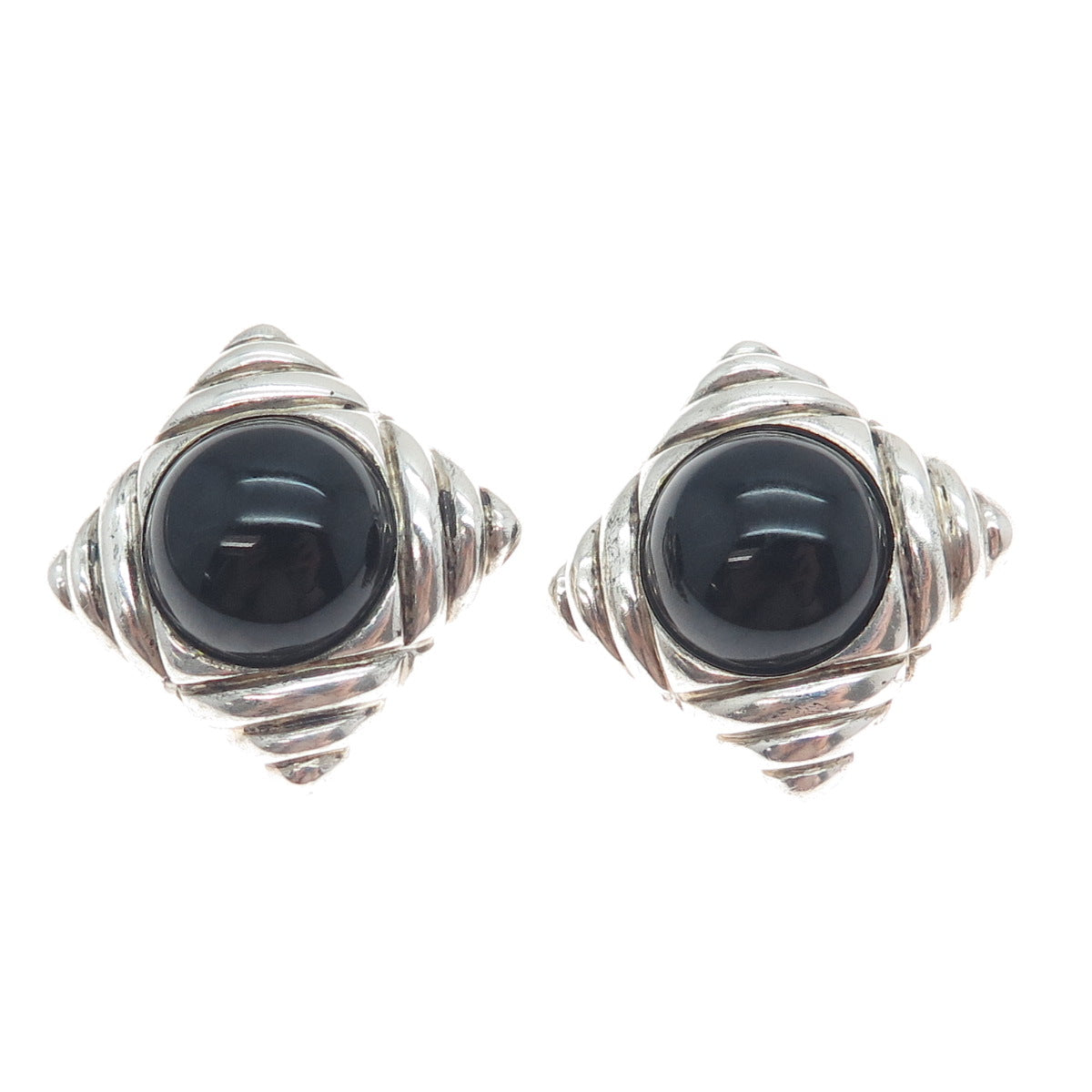 NR NANCY & RISE 925 Sterling Silver Vintage Real Black Onyx Clip On Earrings