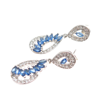 925 Sterling Silver Marquise & Round-Cut Blue White C Z Dangle Earrings