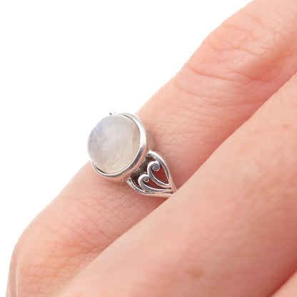 925 Sterling Silver Vintage Real Moonstone Heart Oxidized Ring Size 3.5