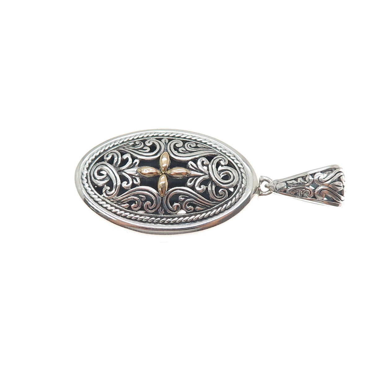 925 Sterling Silver & 18K Gold Vintage Ornate Flower Oxidized Charm Pendant