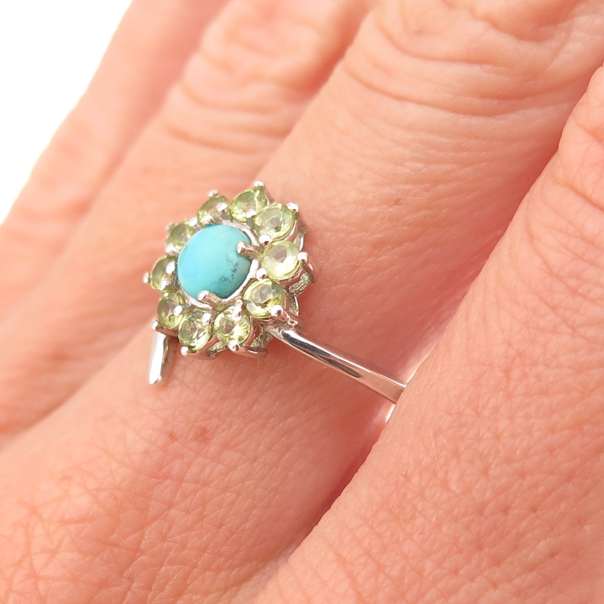 Chuck Clemency 925 Sterling Silver Real Turquoise & Peridot Floral Ring Size 8
