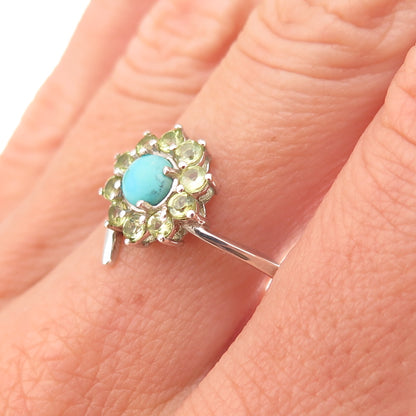 Chuck Clemency 925 Sterling Silver Real Turquoise & Peridot Floral Ring Size 8