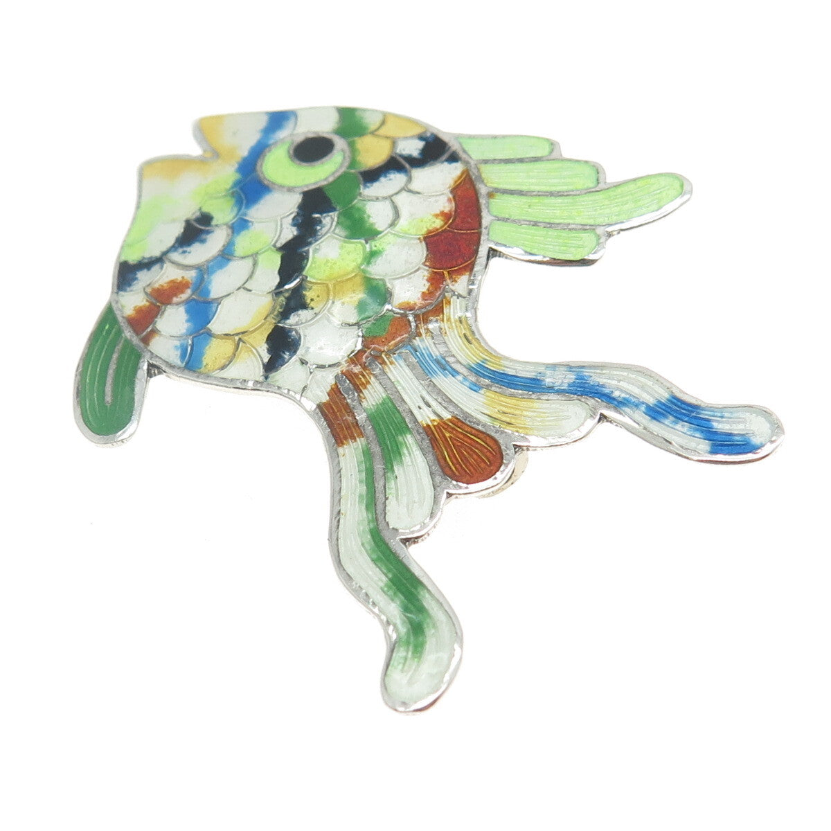 JERONIMO FUENTES 925 Sterling Vintage Mexico Cloisonne Enamel Fish Pin Brooch