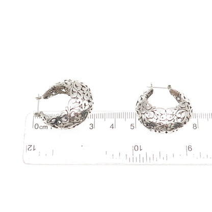 Jezlaine 925 Sterling Silver Vintage Ornate Floral Oxidized Hoop Earrings