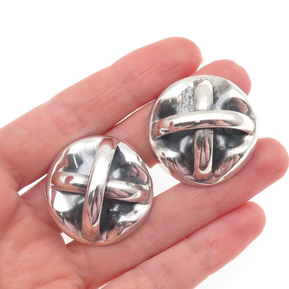 925 Sterling Vintage Mexico Modernist Crisscross Oxidized Clip On Earrings