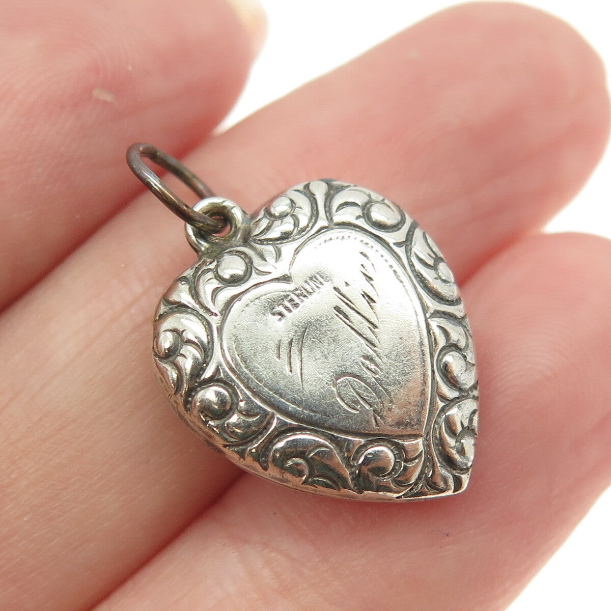 925 Sterling Silver Antique Art Deco Repousse Heart Chatelaine Charm Pendant