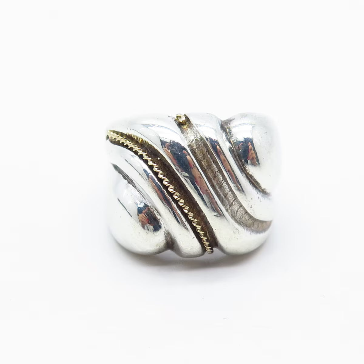 925 Sterling Silver / 14K Gold Vintage Ribbed Wide Ring Size 8.5