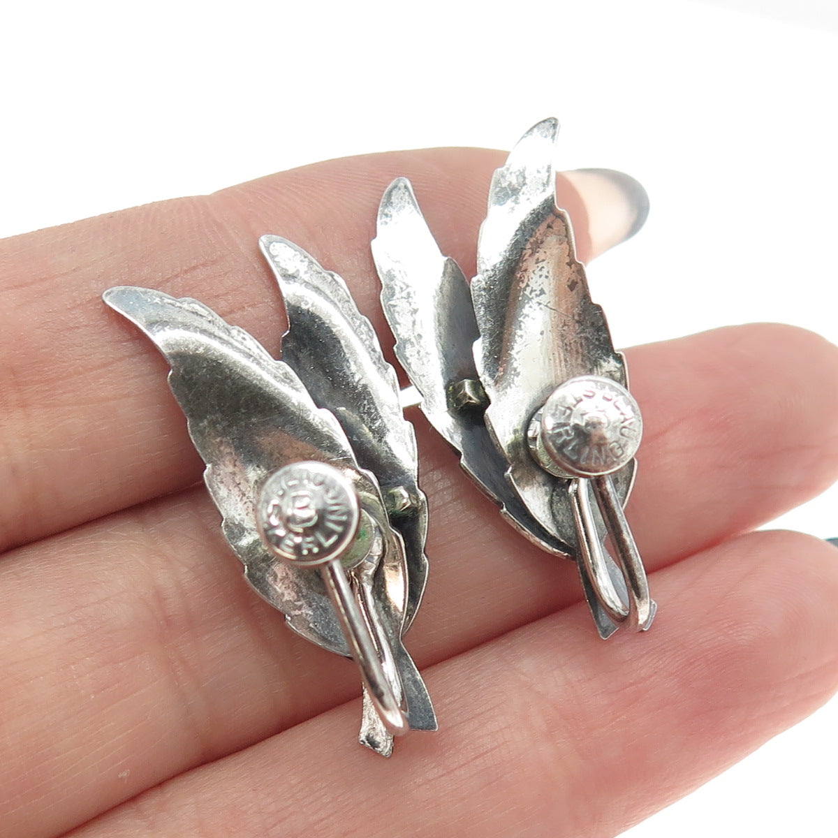 BEAU 925 Sterling Silver Antique Art Deco Feather Screw Back Earrings