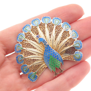 TOPAZIO 925 Sterling Gold Plated Vintage Portugal Enamel Peacock Filigree Brooch