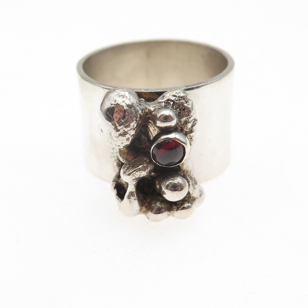 925 Sterling Vintage Real Red Garnet Modernist Nugget Oxidized Ring Size 8.75