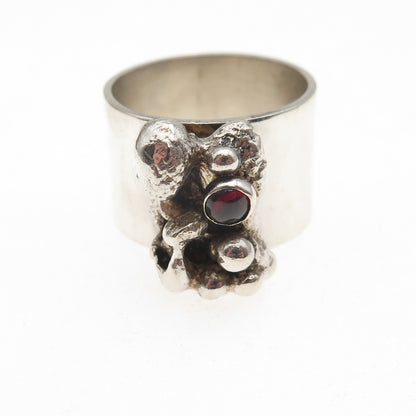 925 Sterling Vintage Real Red Garnet Modernist Nugget Oxidized Ring Size 8.75