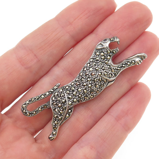 925 Sterling Silver Vintage Real Red Garnet & Marcasite Panther Pin Brooch