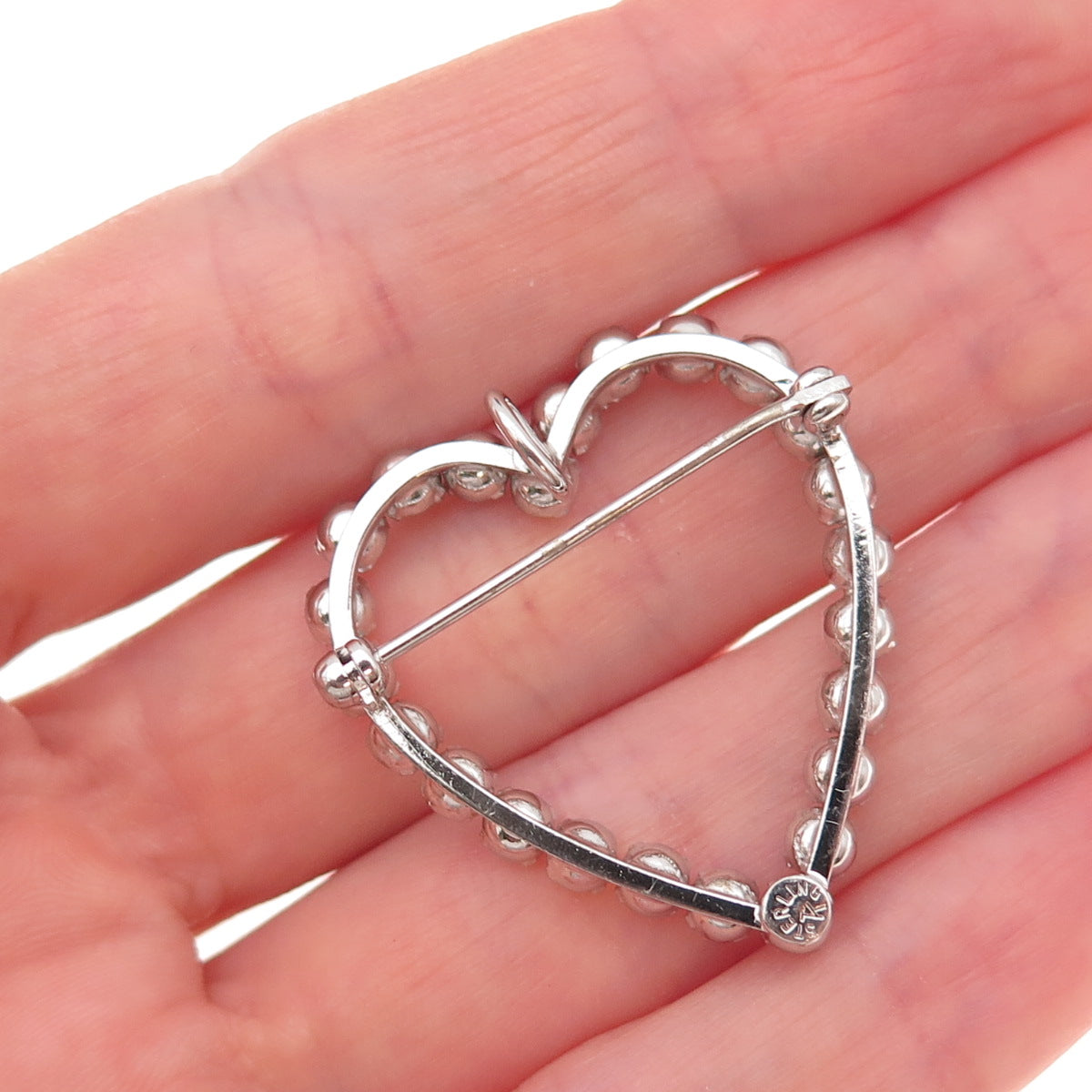 Tru-Kay Sterling Silver Antique Art Deco Rhinestone Heart Pin Brooch / Pendant