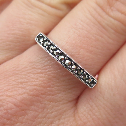 925 Sterling Silver Vintage Real Marcasite Modernist Stackable Bar Ring Size 9