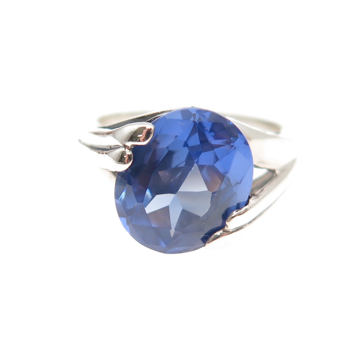 925 Sterling Silver Oval-Cut Blue C Z Modernist Bypass Ring Size 7