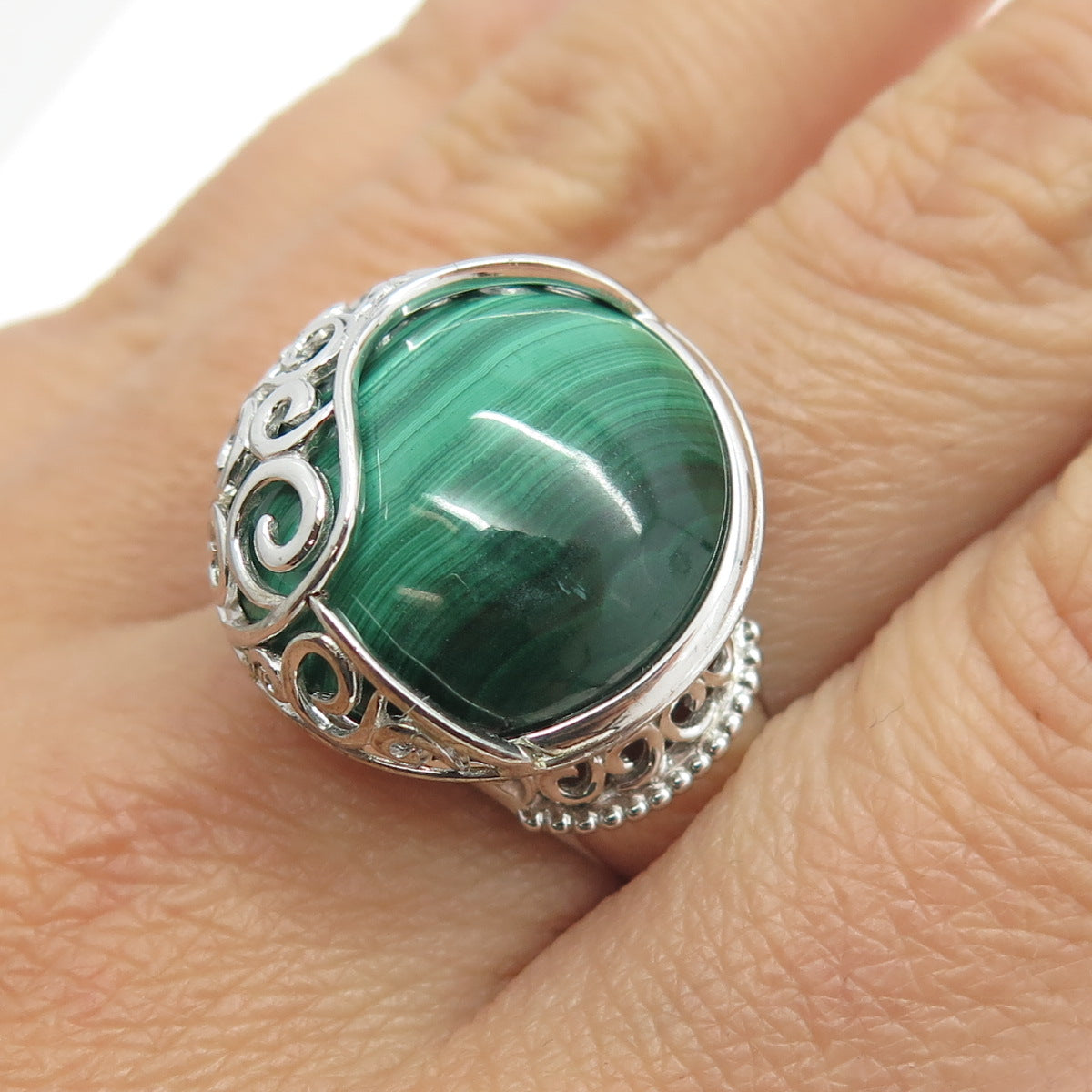 925 Sterling Silver Real Malachite Gemstone Ornate Ring Size 10