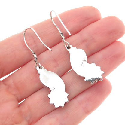 925 Sterling Silver Vintage Real Amethyst Modernist Floral Dangle Earrings