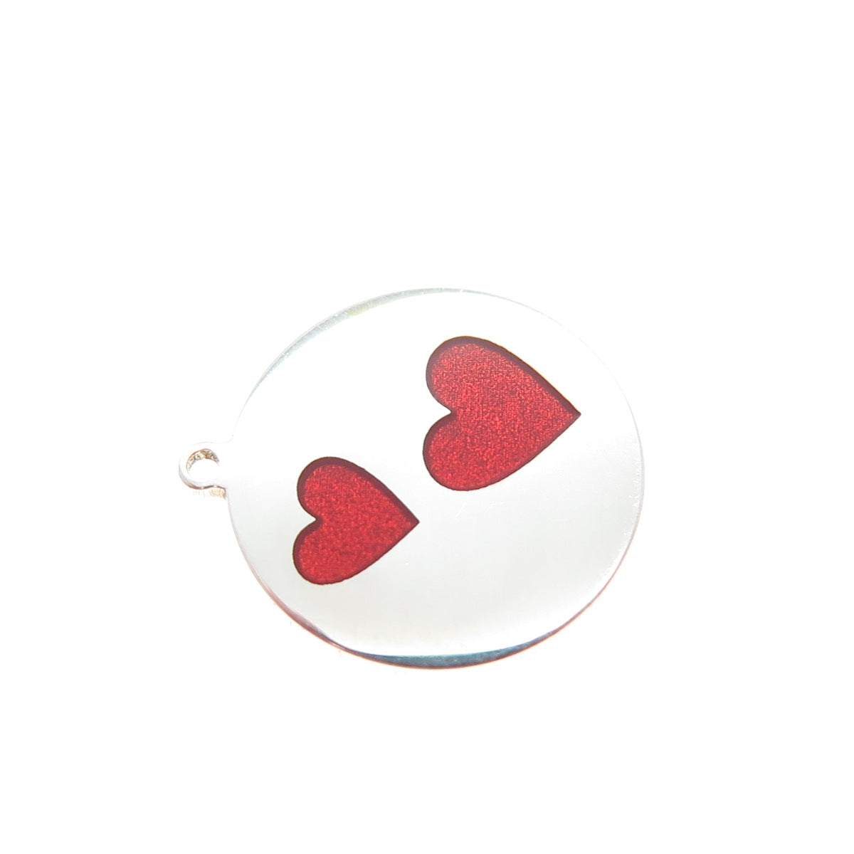 925 Sterling Silver Red Enamel Couple Heart Round Tag Minimalist Charm Pendant