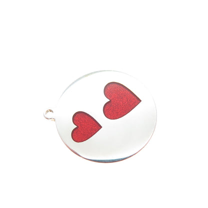 925 Sterling Silver Red Enamel Couple Heart Round Tag Minimalist Charm Pendant
