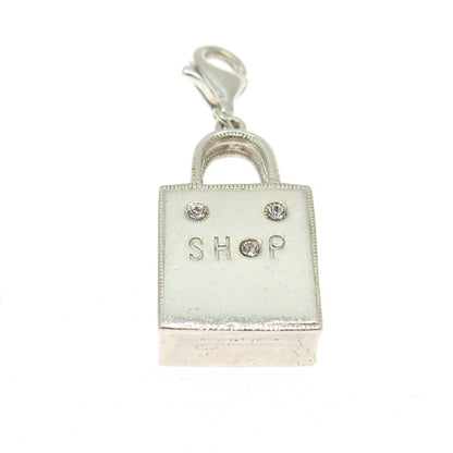 925 Sterling Silver Vintage Rhinestone "Shop" Lady's Bag 3D Charm Pendant