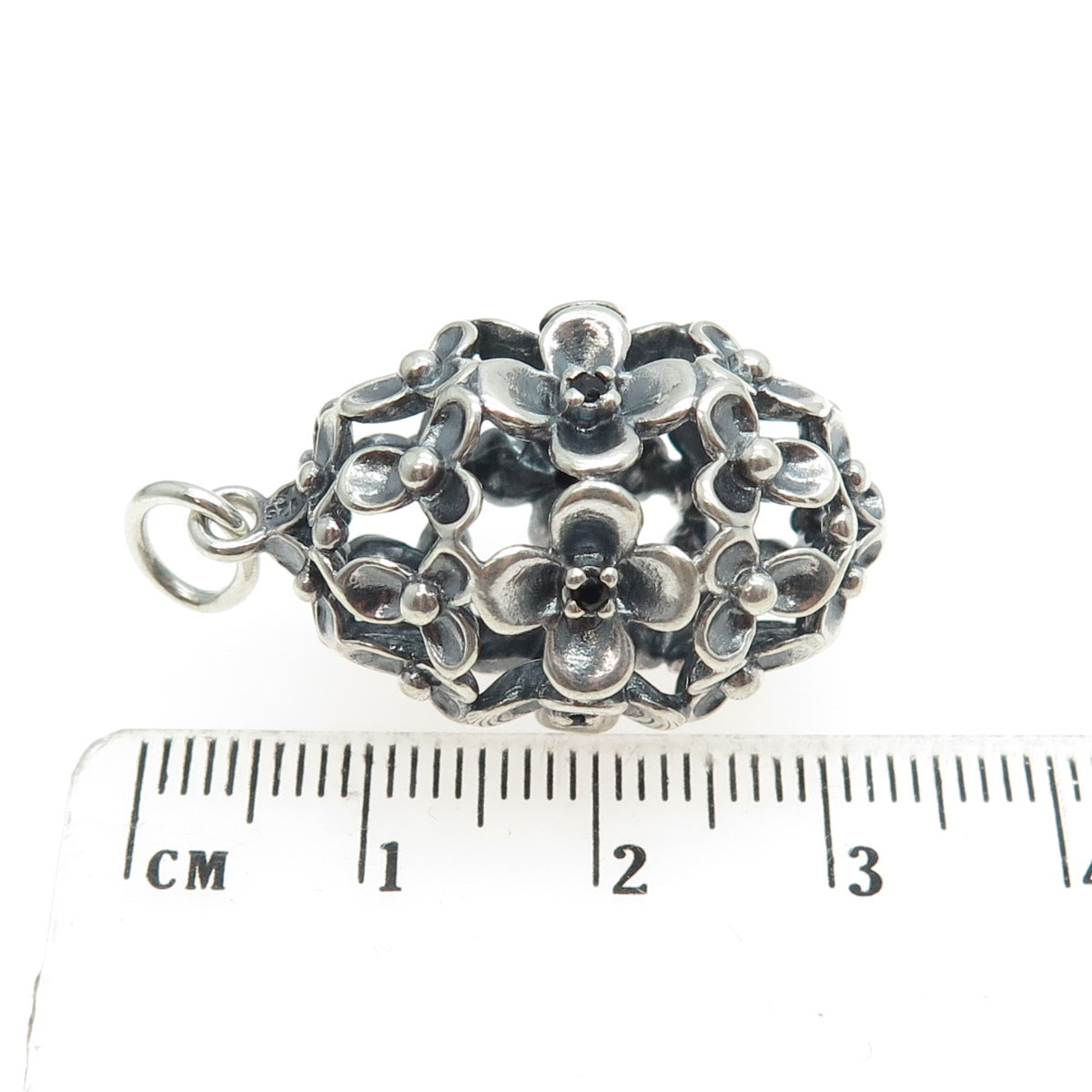 PANDORA 925 Sterling Silver Real Black Spinel Gem Wanda's Garden Flower Pendant