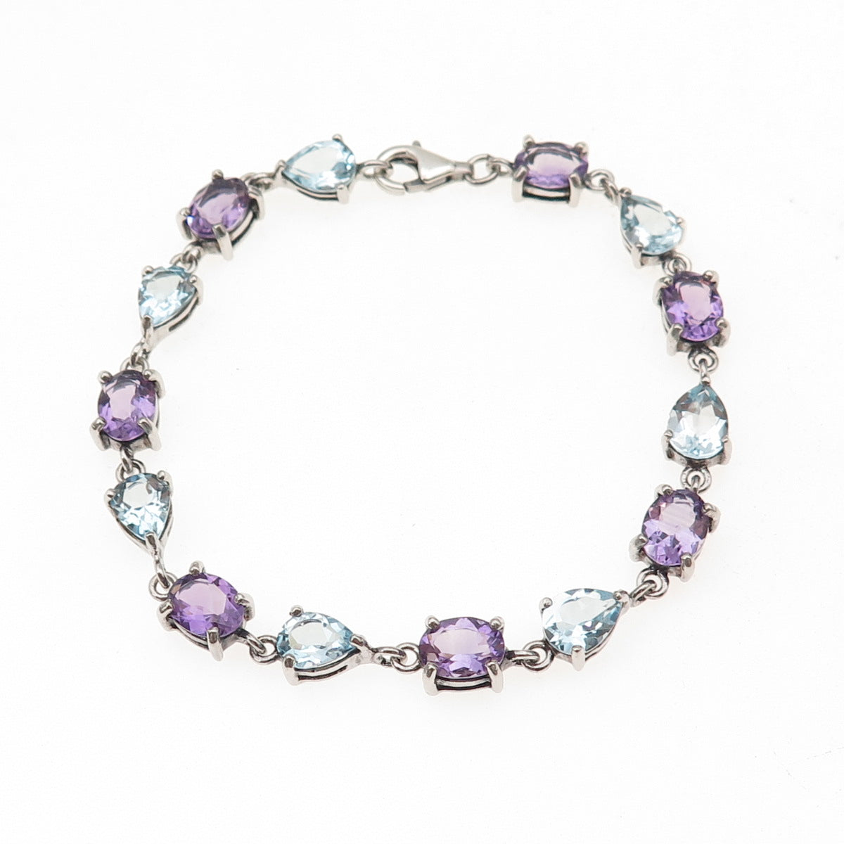 925 Sterling Silver Vintage Real Blue Topaz & Amethyst Bracelet 7.25"