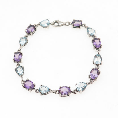 925 Sterling Silver Vintage Real Blue Topaz & Amethyst Bracelet 7.25"
