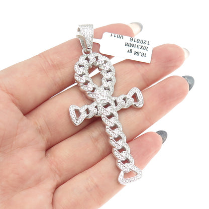925 Sterling Silver Pave C Z Egyptian Ankh Cross Pendant