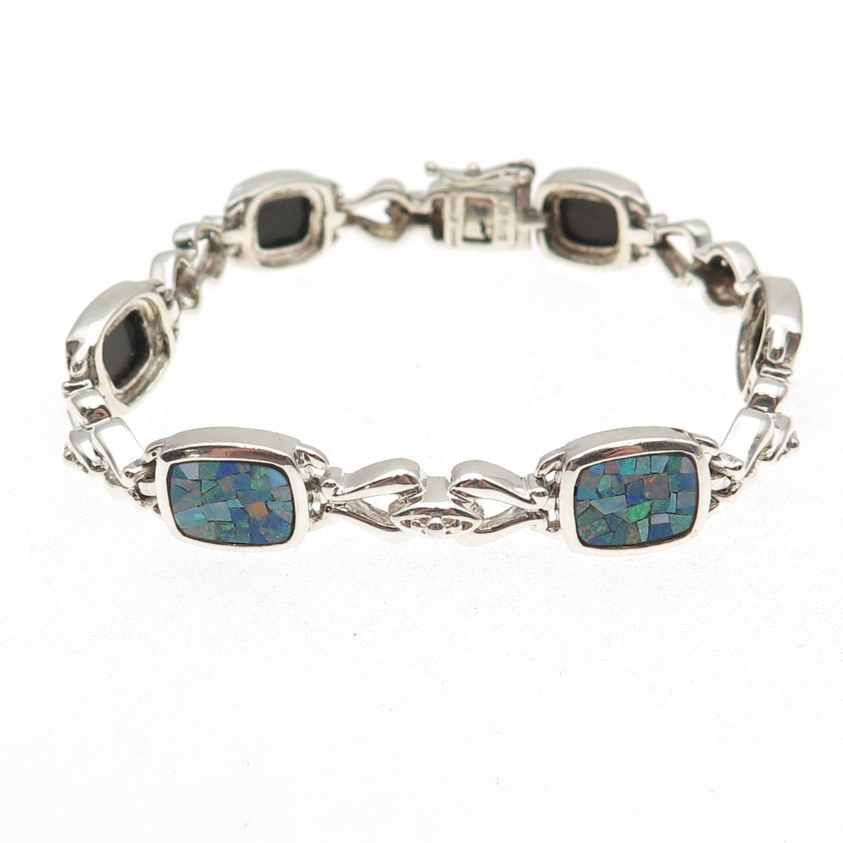 Michelle Albala 925 Sterling Silver Vintage Real Opal Mosaic Bracelet 7.25"