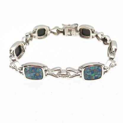 Michelle Albala 925 Sterling Silver Vintage Real Opal Mosaic Bracelet 7.25"