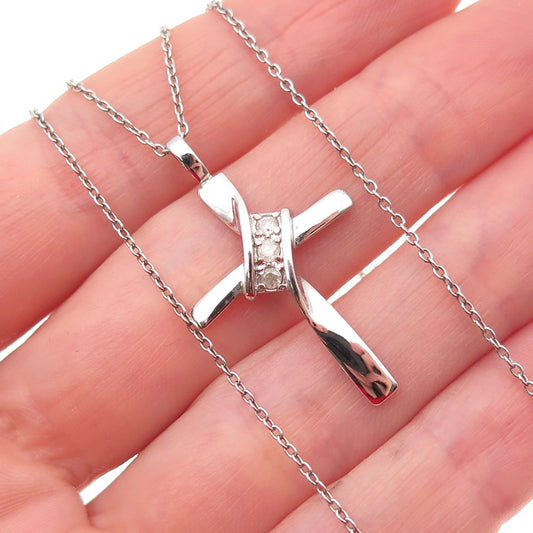 Charles Winston 925 Sterling Silver Real Diamond Cross Cable Chain Necklace 18"