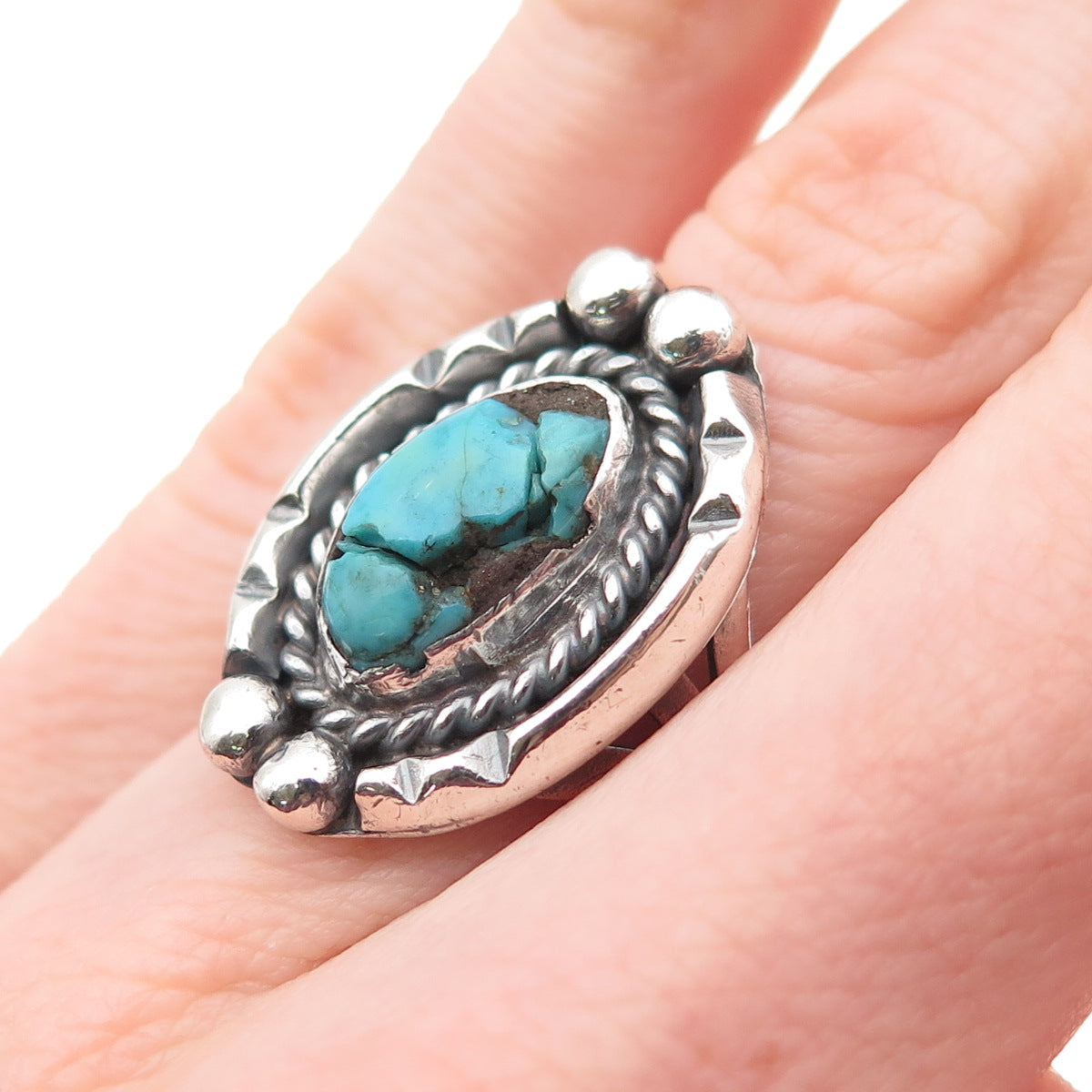 Old Pawn Sterling Silver Vintage Southwestern Turquoise Tribal Ring Size 3.75
