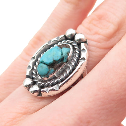 Old Pawn Sterling Silver Vintage Southwestern Turquoise Tribal Ring Size 3.75