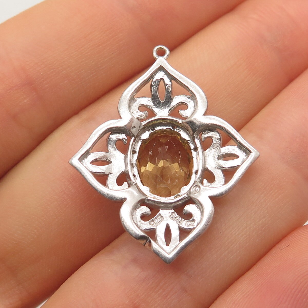925 Sterling Silver Sai Krishna Real Diamond Accent & Citrine Gem Ornate Pendant
