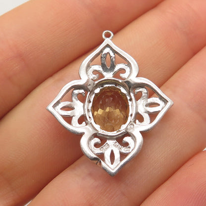 925 Sterling Silver Sai Krishna Real Diamond Accent & Citrine Gem Ornate Pendant