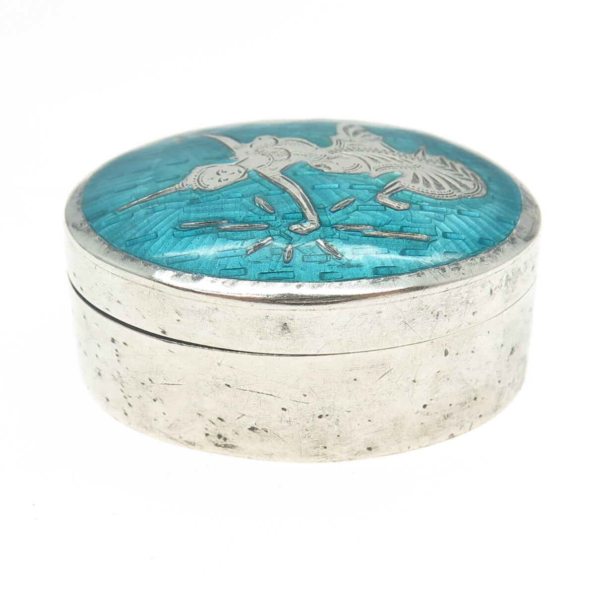 925 Sterling Silver Antique Siam Enamel Niello Hindu Goddess Pill / Snuff Box