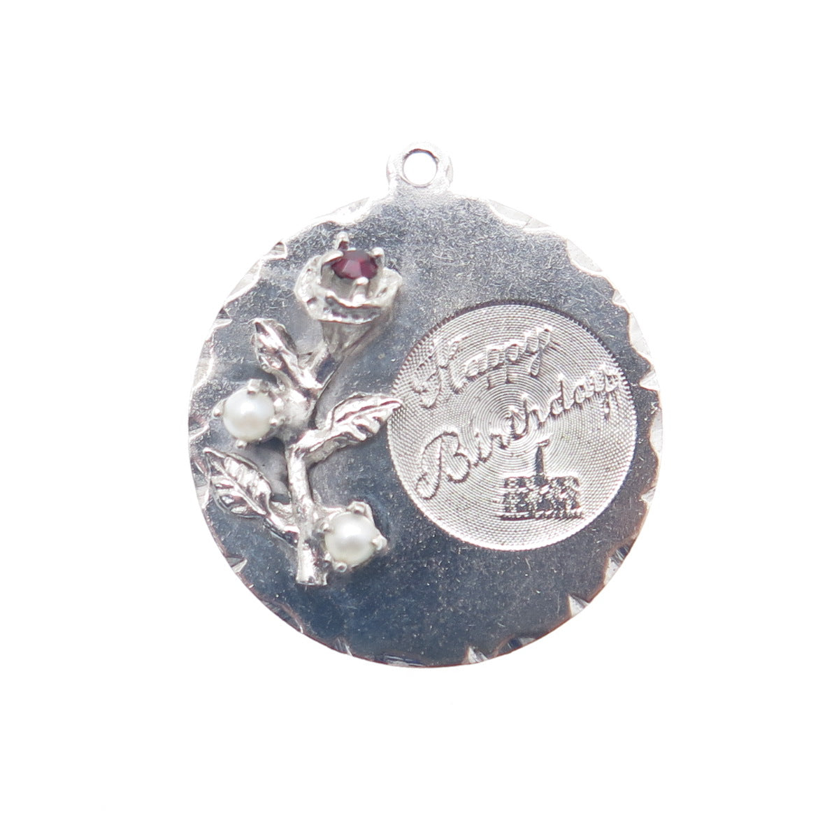 TOWN & COUNTRY 925 Sterling Vintage Real Pearl Rhinestone Happy Birthday Pendant