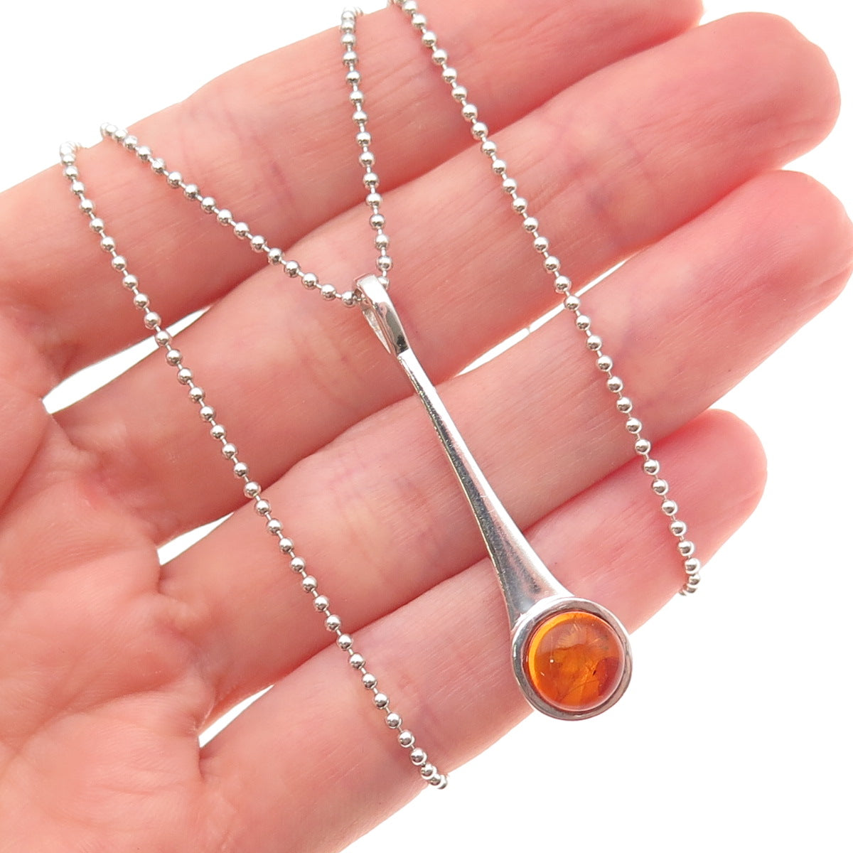 925 Sterling Silver Vintage Real Amber Modernist Ball Beaded Chain Necklace 18"
