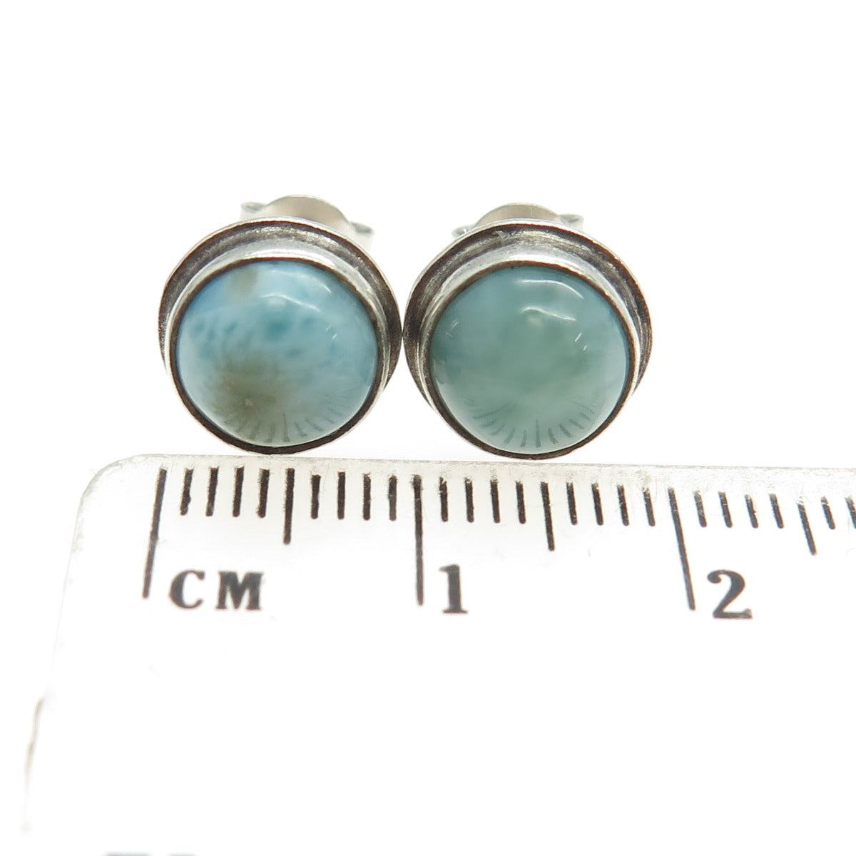 925 Sterling Silver Vintage Real Round-Cut Larimar Stud Earrings