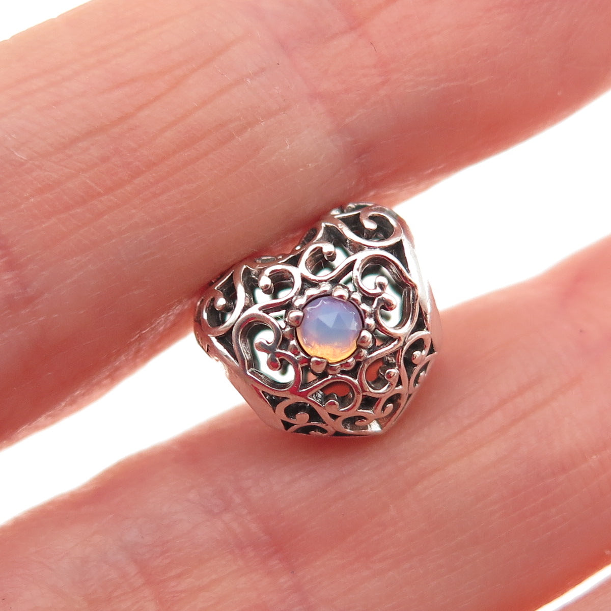 PANDORA Sterling Silver Real Opalite October Signature Heart Slide Bead Charm