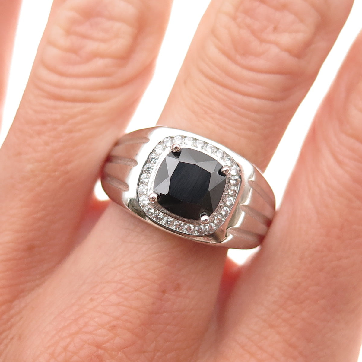 925 Sterling Silver Real Hematite & C Z Ring Size 11