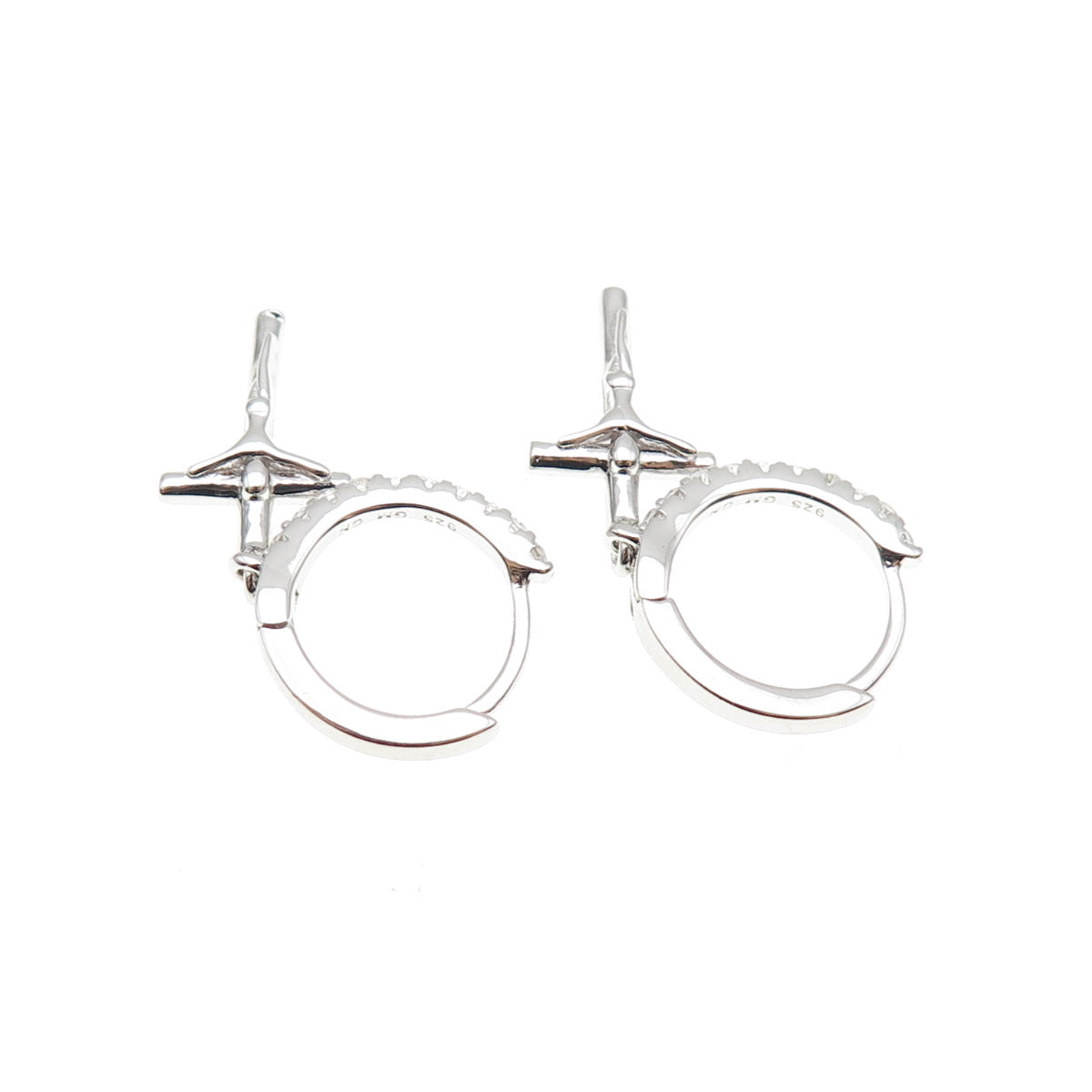 925 Sterling Silver Round-Cut C Z Crucifix Cross Dangle Hoop Earrings